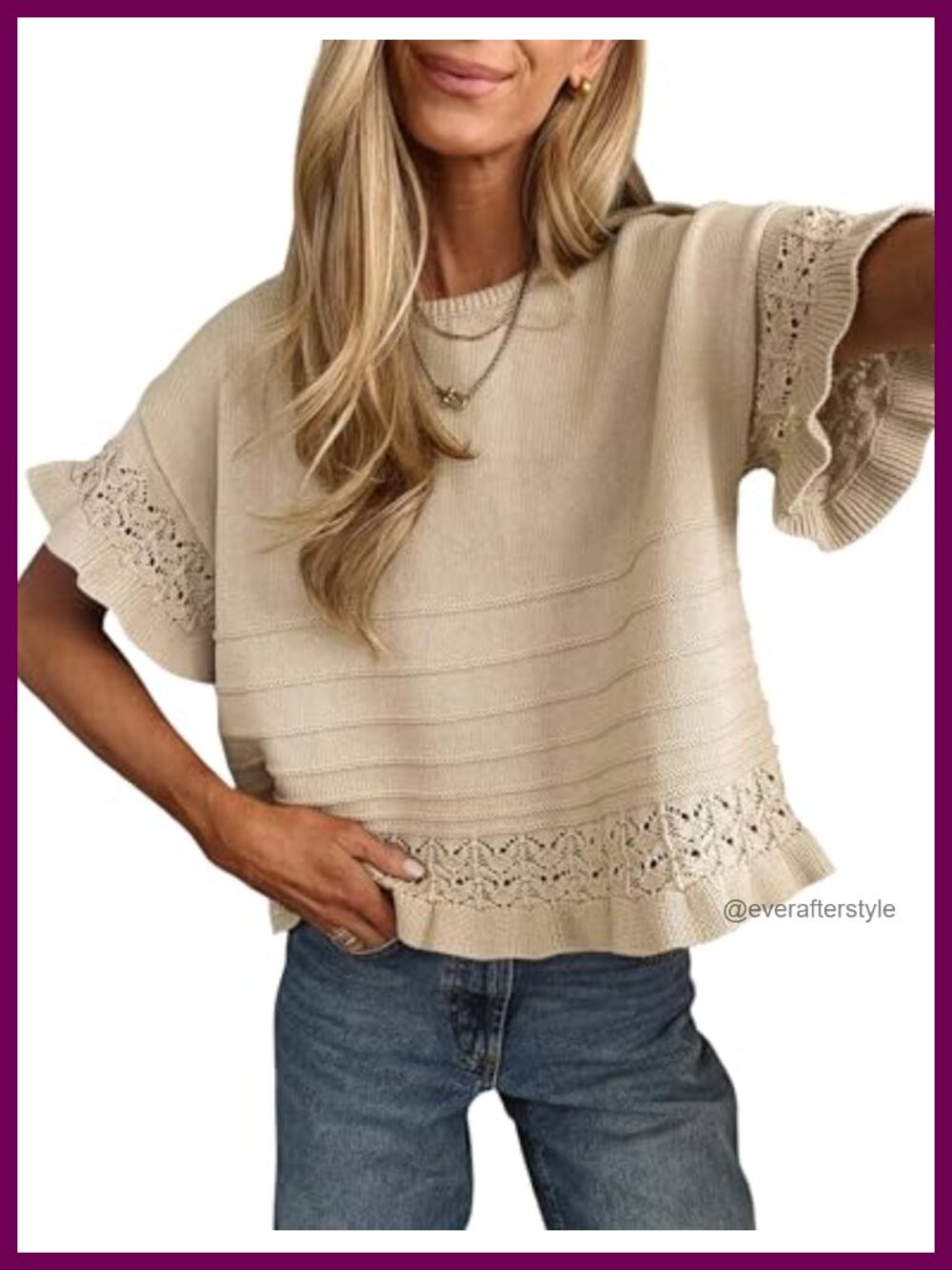 Womens Short Sleeve Knit Sweater Ruffle Hem Crochet Pullover Casual Top